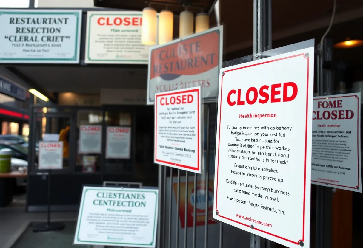 Closed restaurant signs in Los Angeles County with health inspection notices.