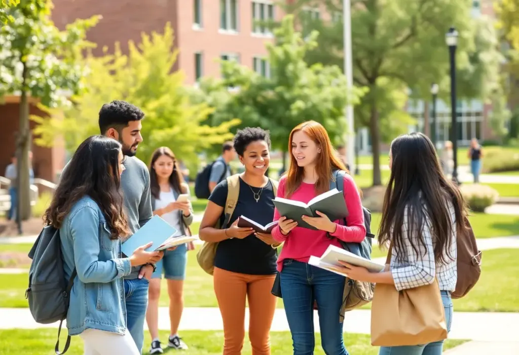 Diverse group of students at a community college discussing degree programs