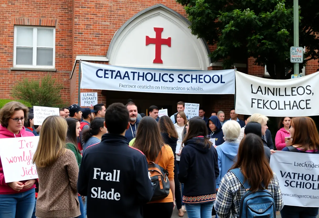 Community members showing support outside Holy Innocents Catholic School after vandalism.