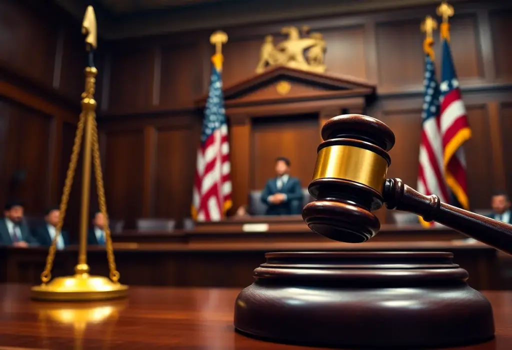 Courtroom scene representing justice and foreign influence