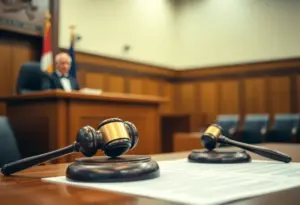 A courtroom capturing the essence of legal proceedings with a judge's bench and gavel.