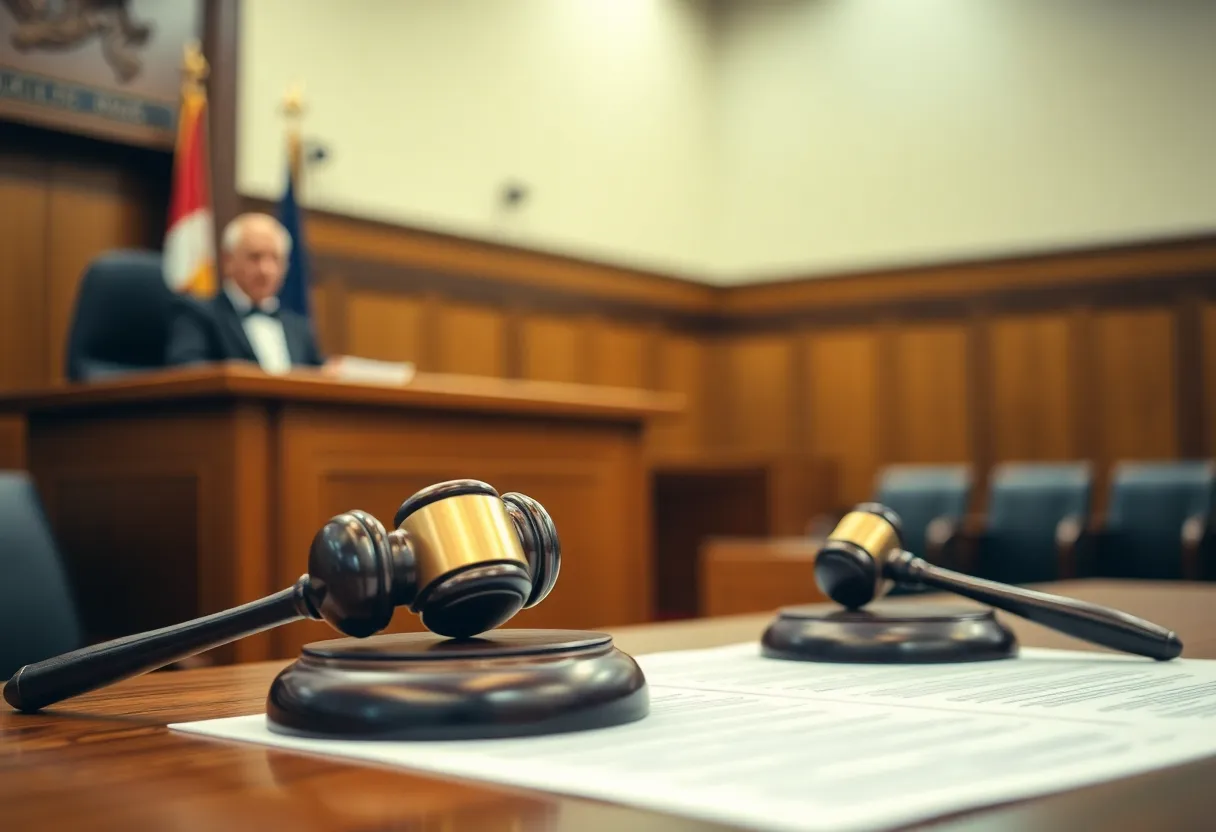 A courtroom capturing the essence of legal proceedings with a judge's bench and gavel.