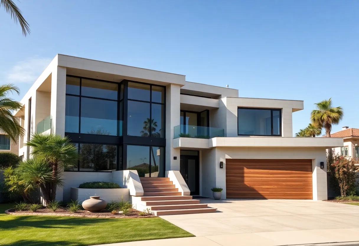 Modern custom home in Los Angeles with bright sunny skies