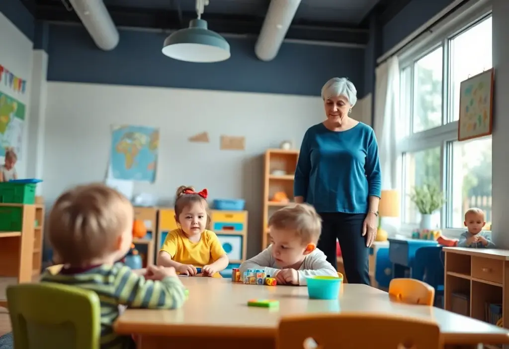 Daycare classroom scene with children and an adult