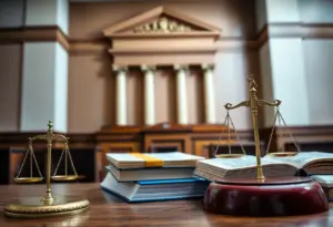 Illustration representing legal proceedings and justice system