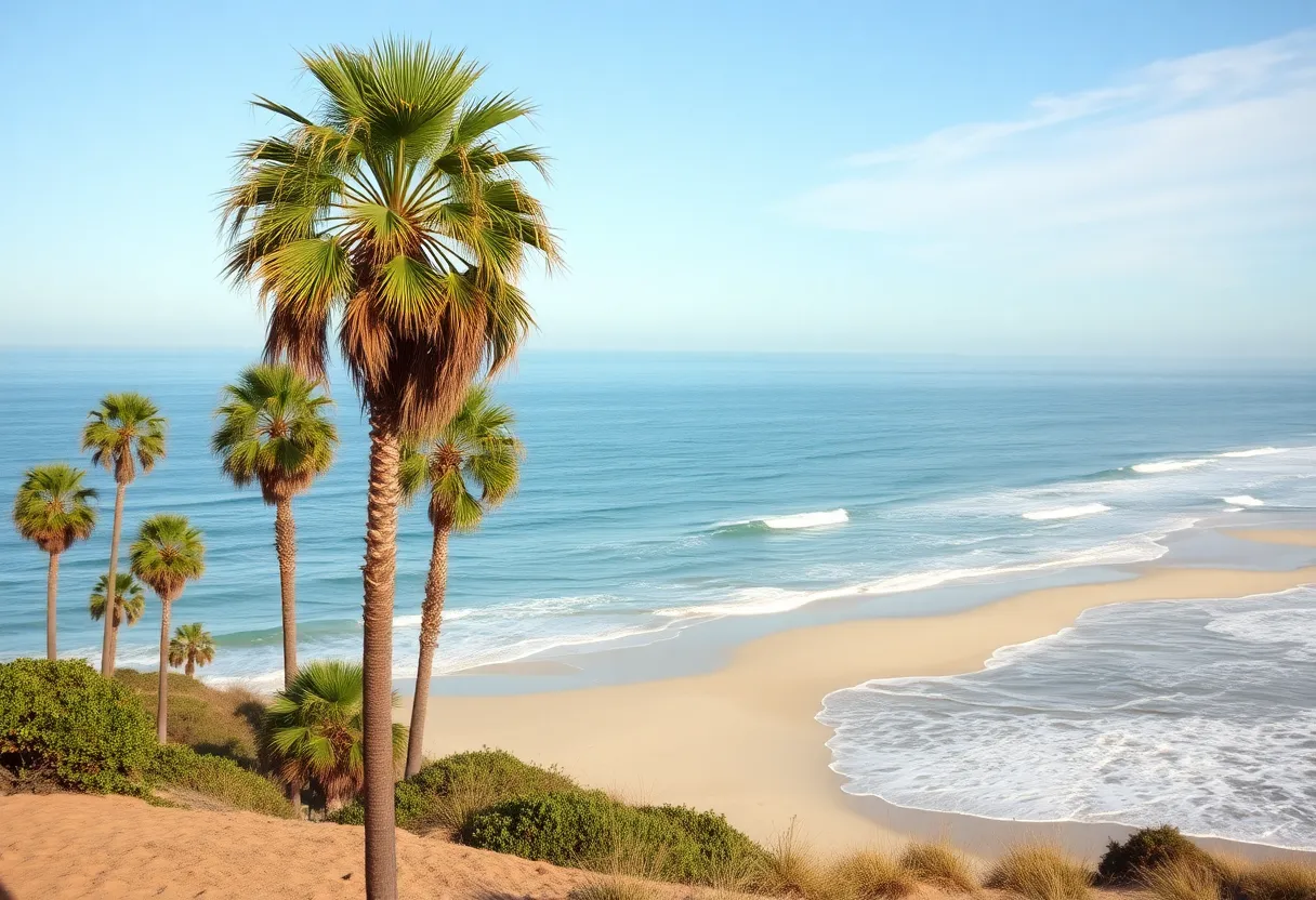 Scenic view of Los Angeles County coastline with palm trees and sandy beaches