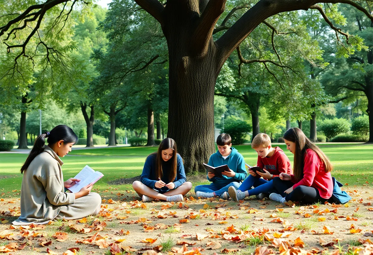 Students writing poetry in a park surrounded by nature during the Feng Shui Poetry in the Parks program.