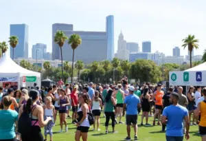 People participating in various health-related activities at an outdoor festival in Los Angeles.