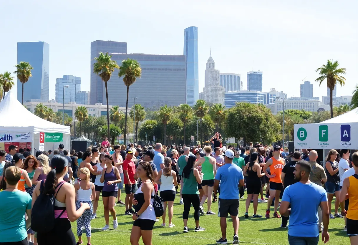 People participating in various health-related activities at an outdoor festival in Los Angeles.