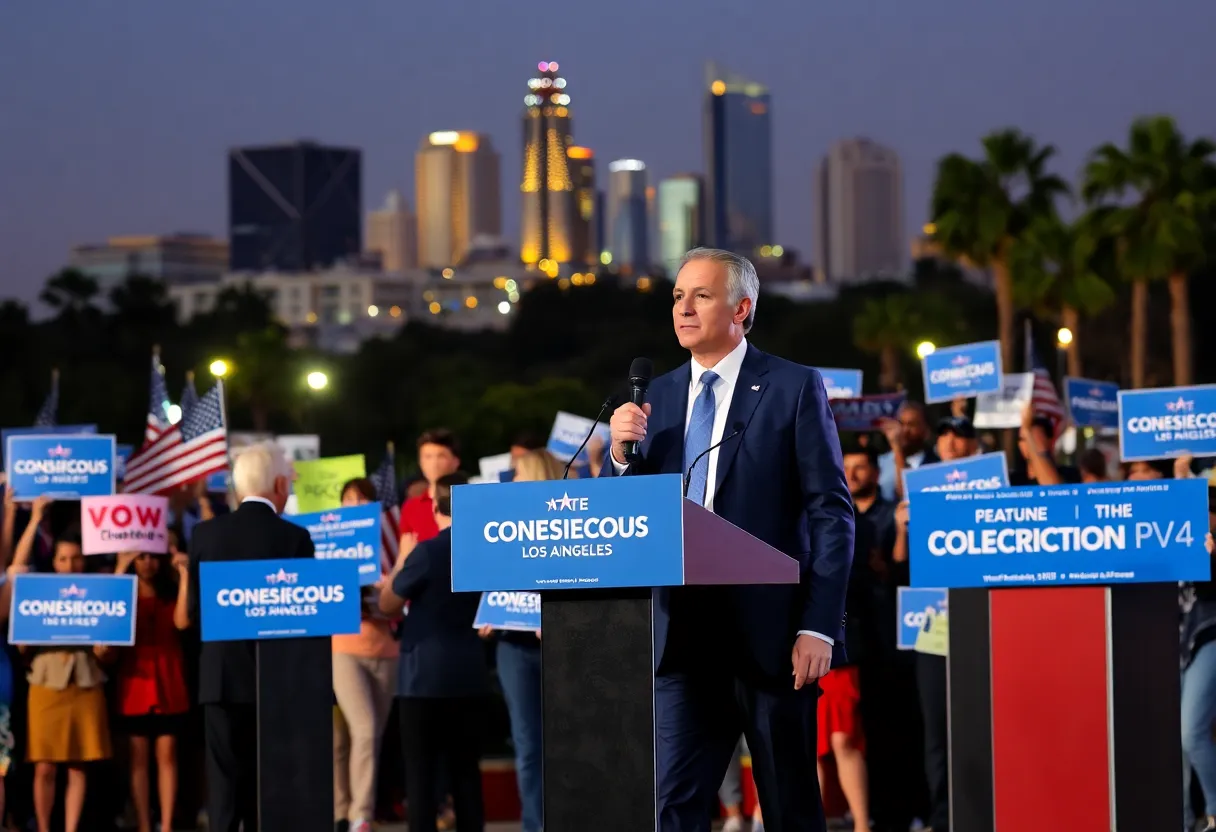 Symbolic representation of candidates and Los Angeles skyline.