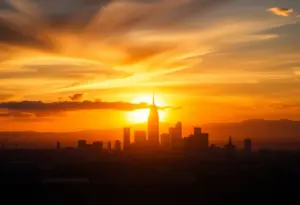 A sunset view over Los Angeles with the Olympic rings in the foreground.