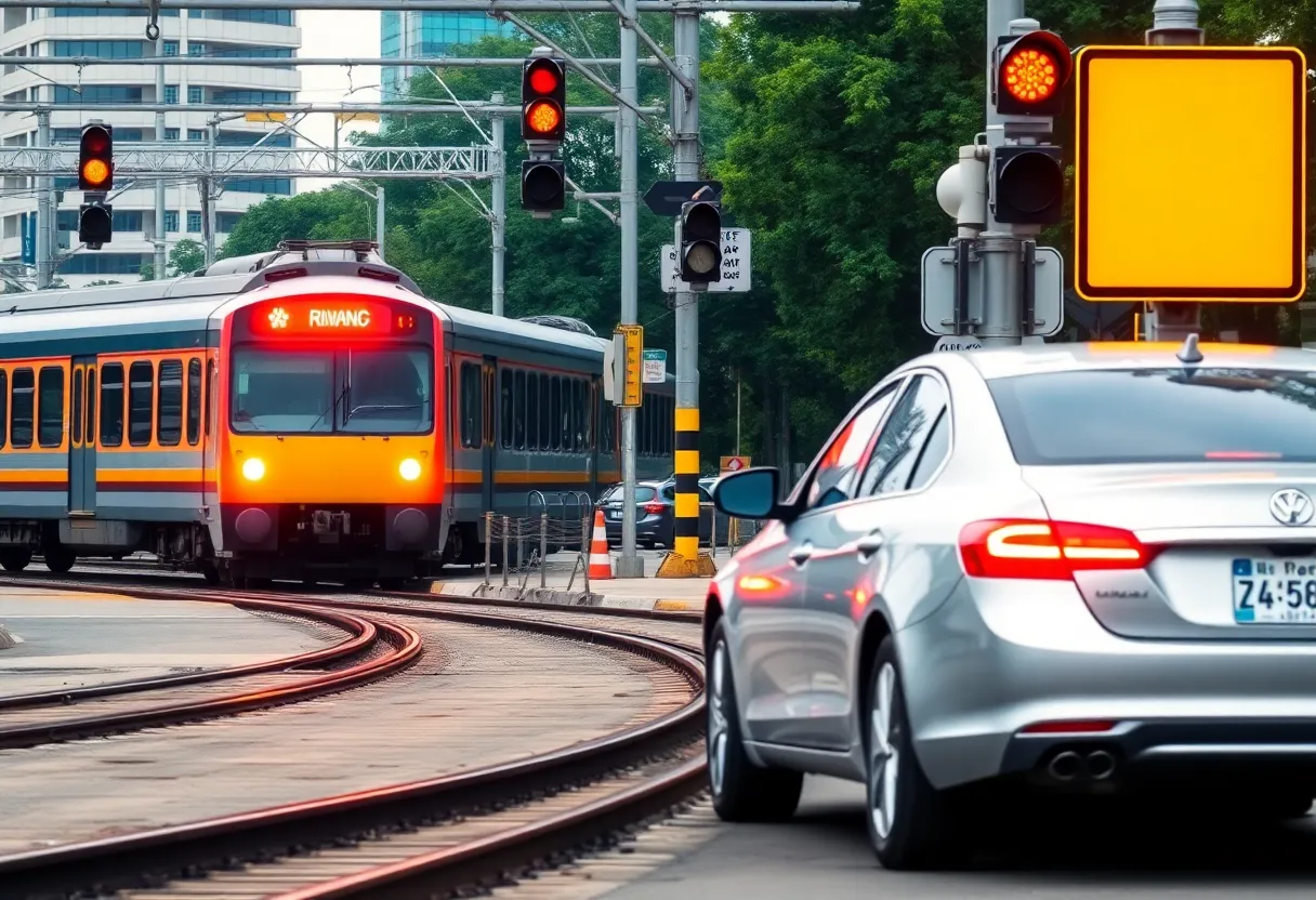 Scene of a Metrolink train crossing with signals in Glendale