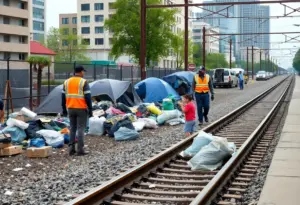Authorities removing hazardous waste from an encampment