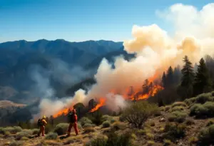 Firefighters work to control the Palisades Fire in California.