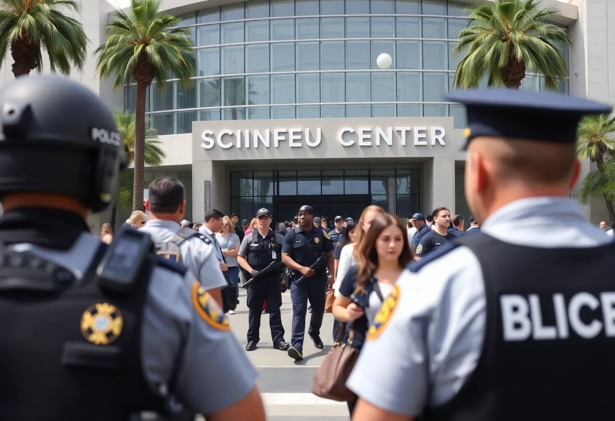 Police officers outside the California Science Center responding to an incident.