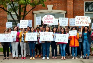 Educators standing together showing support for strike authorization in San Francisco.