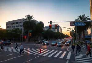 An intersection in Los Angeles with pedestrians and traffic