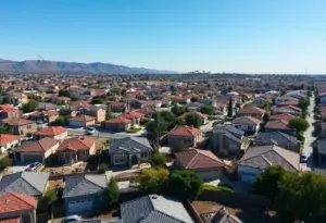 Aerial view of reconstructed homes in a Los Angeles neighborhood affected by wildfires.