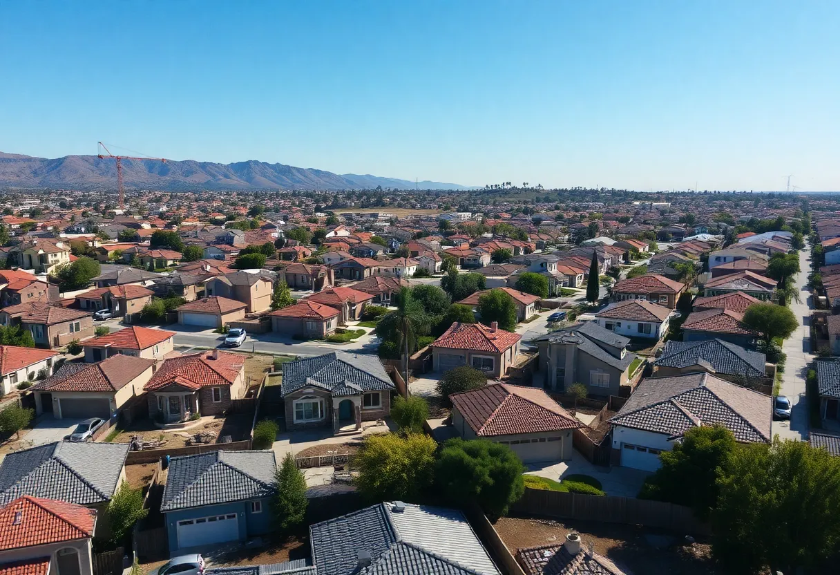 Aerial view of reconstructed homes in a Los Angeles neighborhood affected by wildfires.