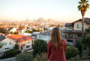 Couple looking at homes in Los Angeles, with skyline view